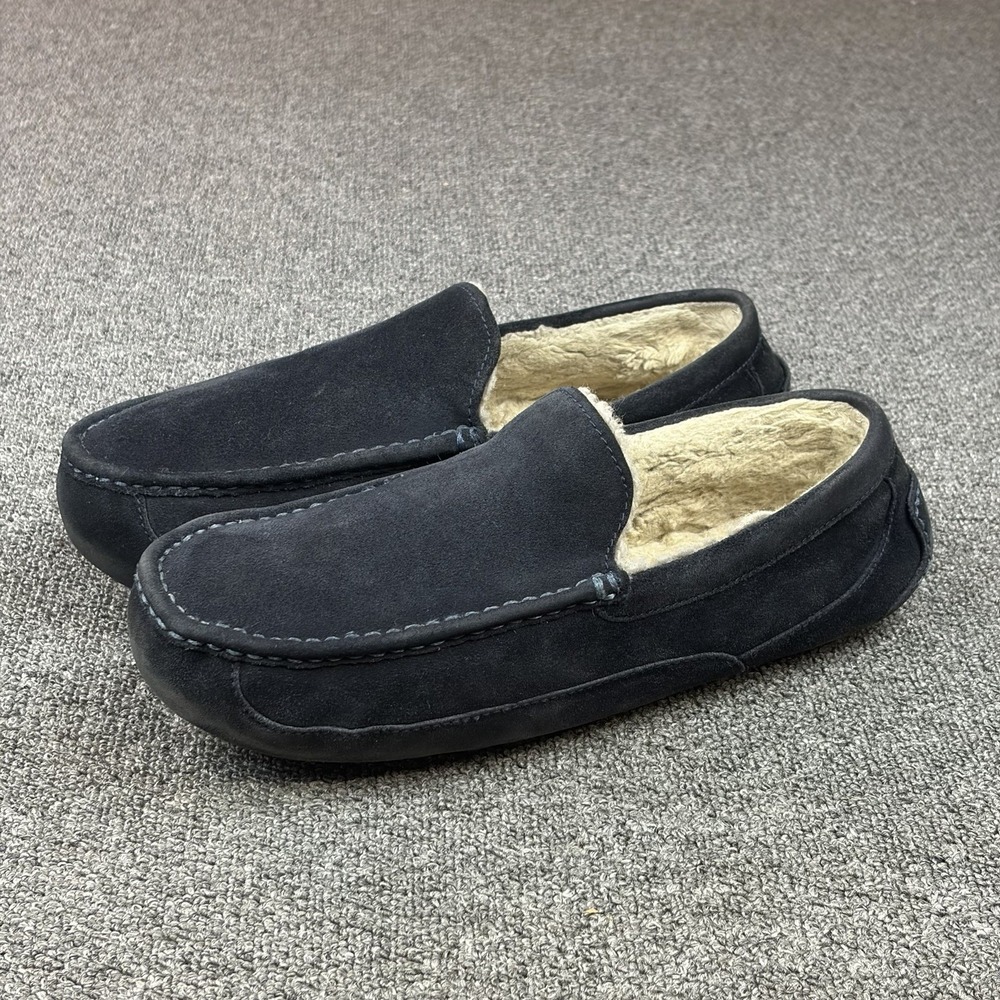 UGG Ascot Slippers Mens Sz 13 Navy Suede Leather Wool Lined Moccasin 1101110